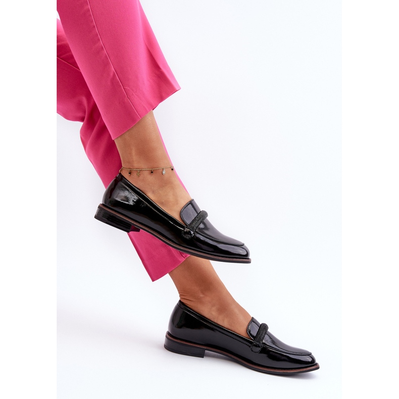 Sergio Leone Mocassins femininos de couro com alça decorativa, preto envernizado Saosin 1