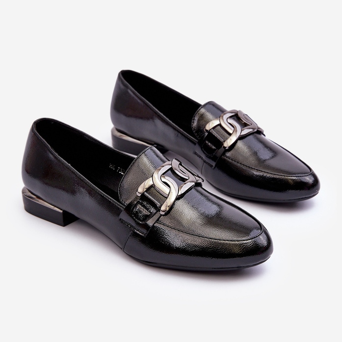 Sergio Leone Mocassins femininos de couro envernizado com decoração, Camilena preta preto 2