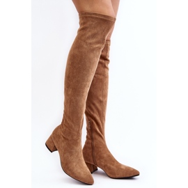Botas femininas acima do joelho com salto baixo Camel Maidna castanho 1