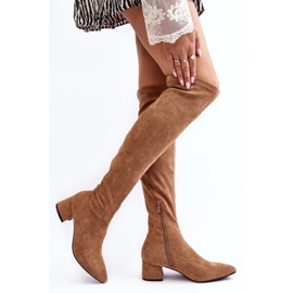 Botas femininas acima do joelho com salto baixo Camel Maidna castanho 2