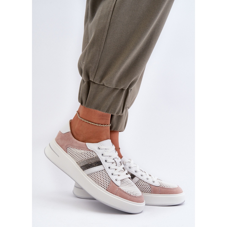 S.Barski Tênis feminino de couro D&amp;A LR110 branco e rosa 2