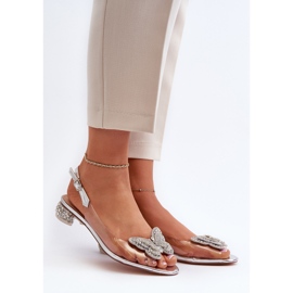 S.Barski Sandálias transparentes de salto baixo com borboleta rosa prata D&amp;A MR38-388 2