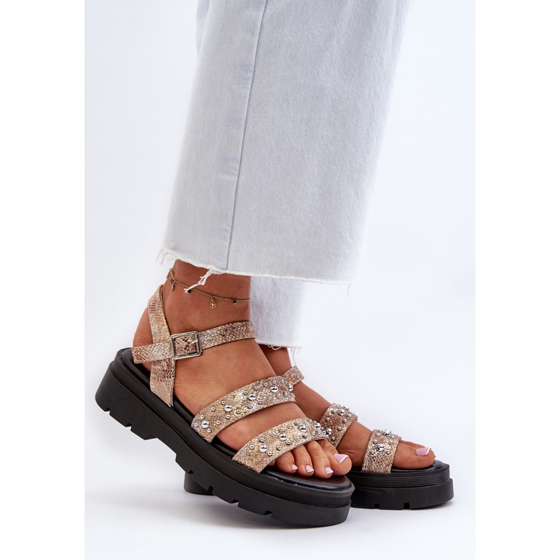 Sandálias Femininas Decoradas Couro Eco Dourado-Bege Arcida 2