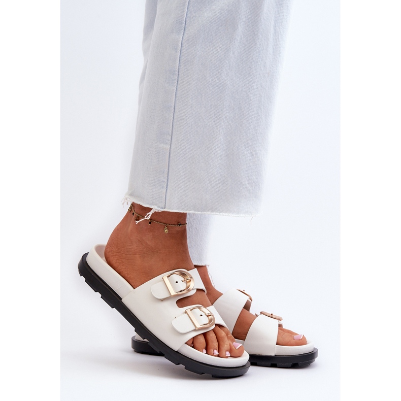 Chinelos femininos de couro ecológico com fivelas, Valmira branco 2