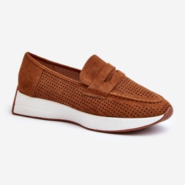 Mocassins femininos de camurça ecológica Camel Inesqua na plataforma marrom 1