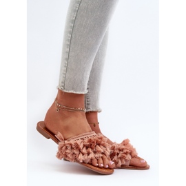 Chinelos planos femininos com franjas, Rialle rosa sujo 2