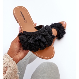 Chinelos planos femininos com franjas, Rialle preto 1