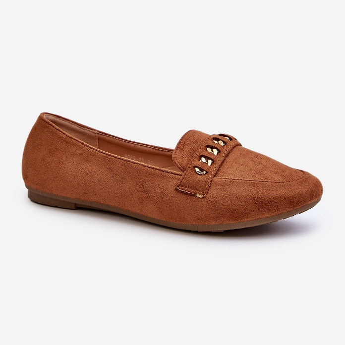 Mocassins femininos brilhantes com corrente Camel Aredilla castanho 1