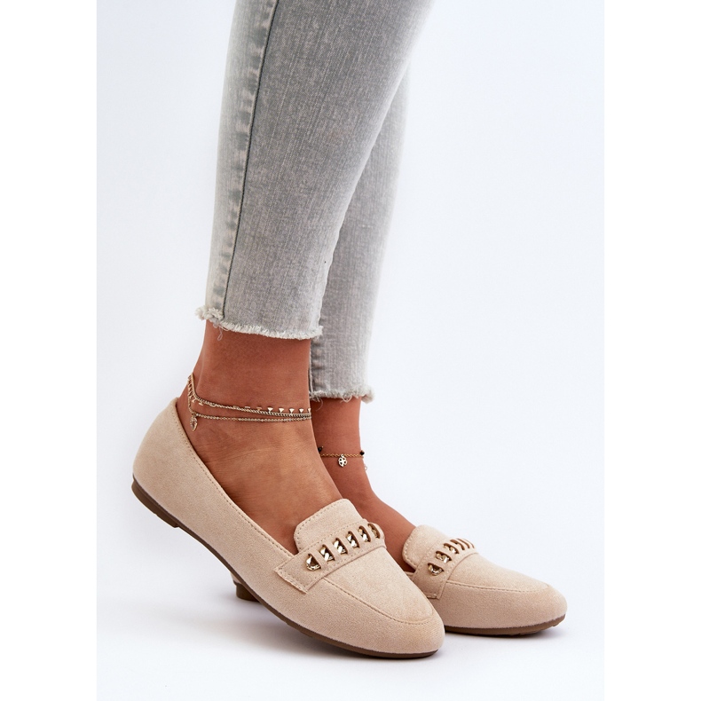 Mocassins femininos brilhantes com corrente, Aredilla Bege 2