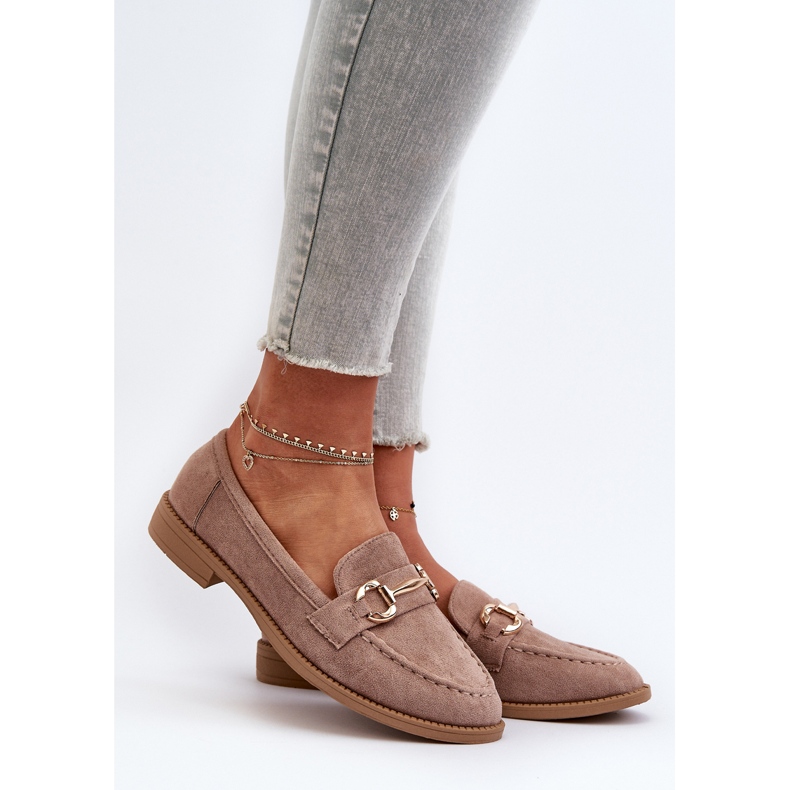 Mocassins femininos de salto plano com decoração, Aviole Bege Escuro 2 Mocassins femininos de salto plano com decoração, Aviole Bege Escuro 2