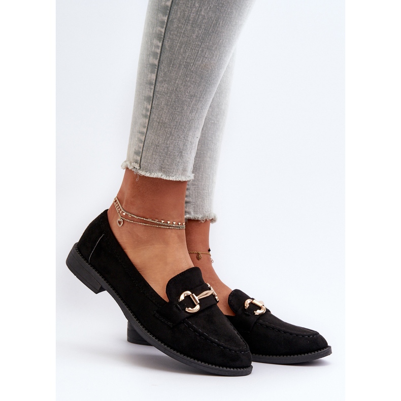 Mocassins femininos de salto plano com decoração, Aviole preto 2
