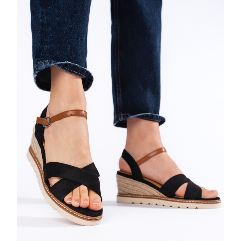 Sandálias de cunha pretas femininas preto 2