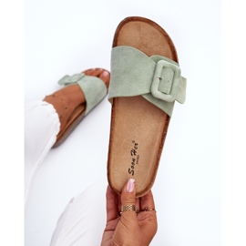 Chinelos femininos de camurça ecológica com fivela, Menta Laeltia verde 1 Chinelos femininos de camurça ecológica com fivela, Menta Laeltia verde 1