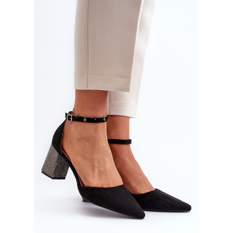 Sapatos em camurça ecológica com salto decorado, Anlitela preto 2