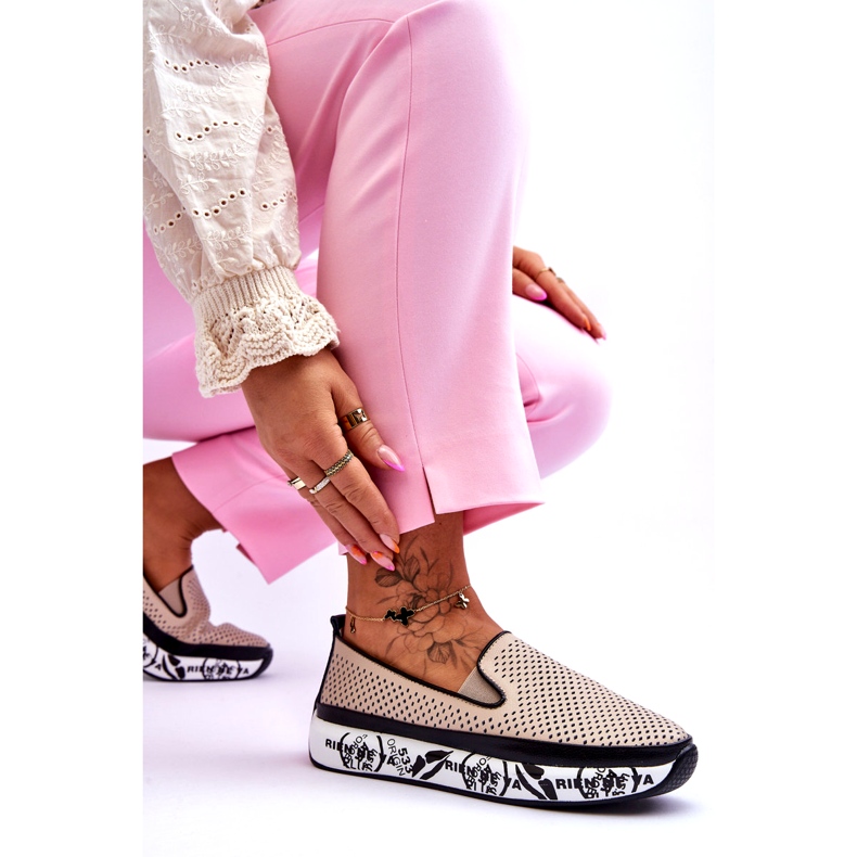 S.Barski Tênis feminino de couro vazado sem cadarço bege Sorito 3