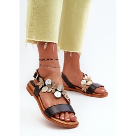 Sandálias femininas de couro decoradas com flores Laura Messi 2762 pretas preto 2