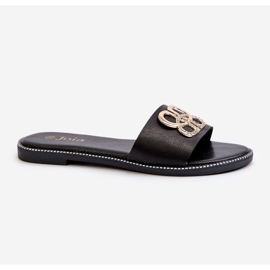 Chinelos femininos com decoração em couro ecológico e salto plano, Sadria preto 1