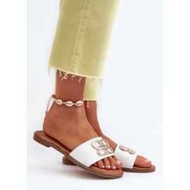 Chinelos femininos com decoração em couro ecológico e salto baixo, Sadria branco 2