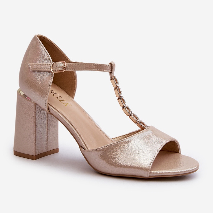 Vinceza Sandálias de couro de salto alto com strass, douradas Aniya dourado 1