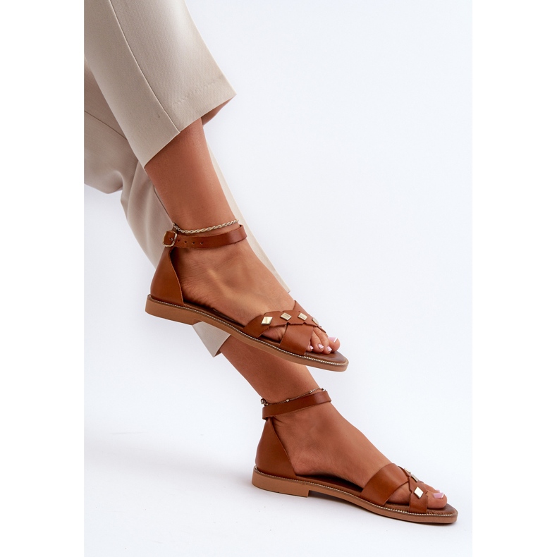 Zazoo 40378 Sandálias femininas de couro raso, marrom castanho 1