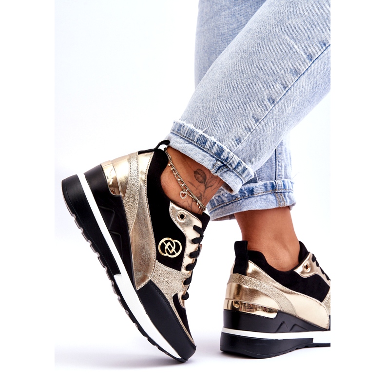 Evento Tênis feminino com cadarço e cunha preto e dourado Genova 3