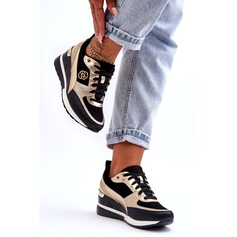 Evento Tênis feminino com cadarço e cunha preto e dourado Genova 1