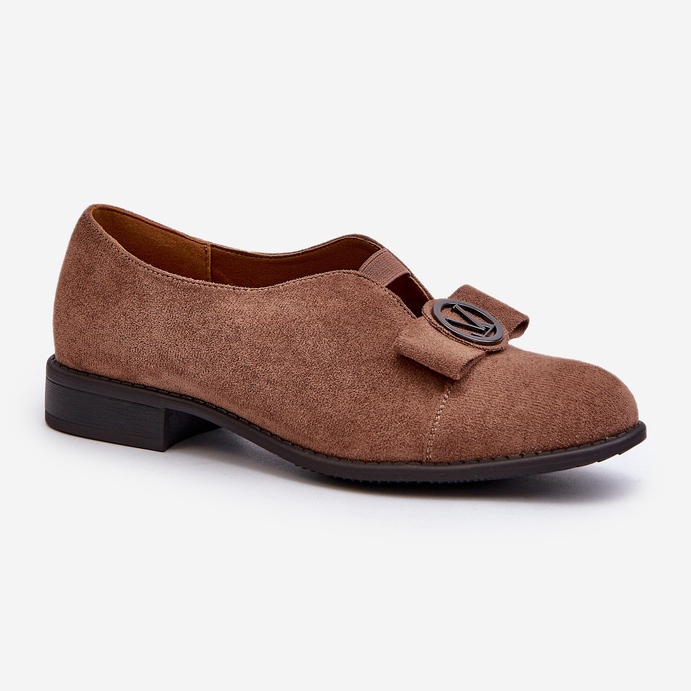 Sapatos femininos confeccionados em camurça ecológica com salto baixo e decoração, marrom Hadiena 1