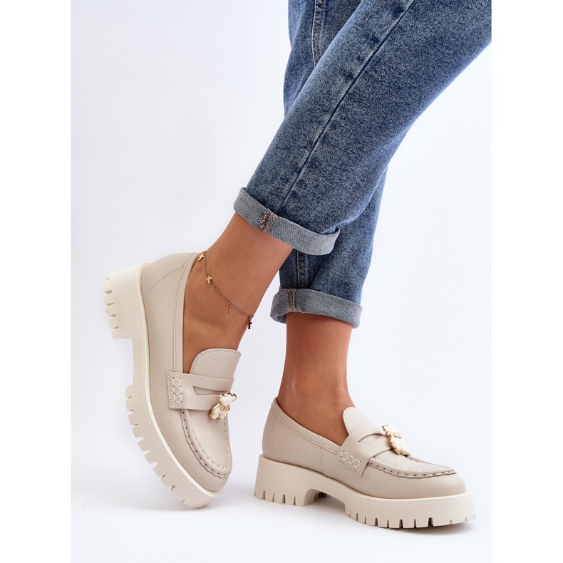 Sapatos de Couro Mocassins Com Ursinho CheBello 4291 Bege Claro 1