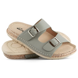 Chinelos femininos confortáveis ​​cinza com duas fivelas e palmilha de couro 1