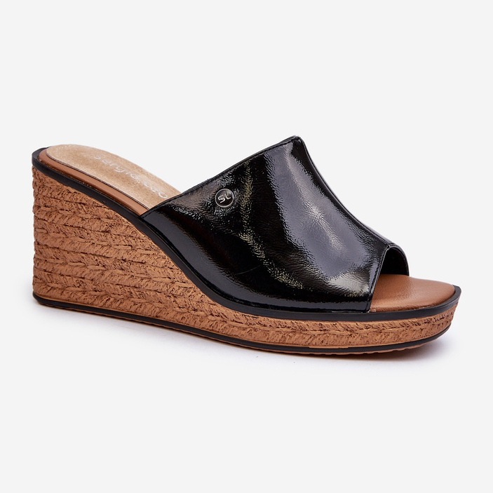 Chinelos de cunha patenteados femininos Sergio Leone KL213 pretos 1