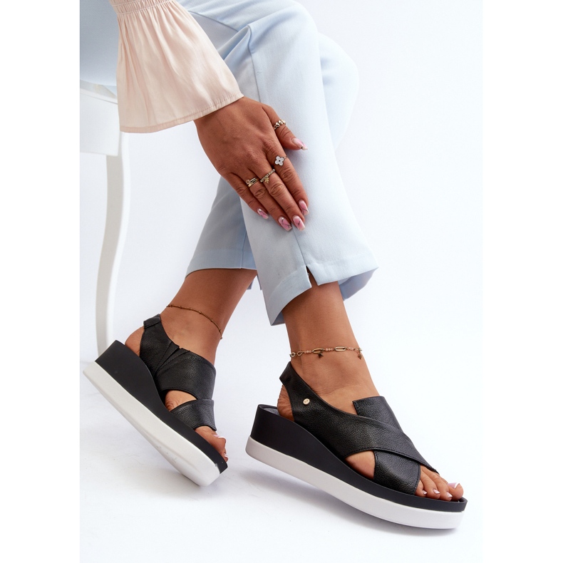 Sandálias de cunha de couro Zazoo 40256, pretas preto 1