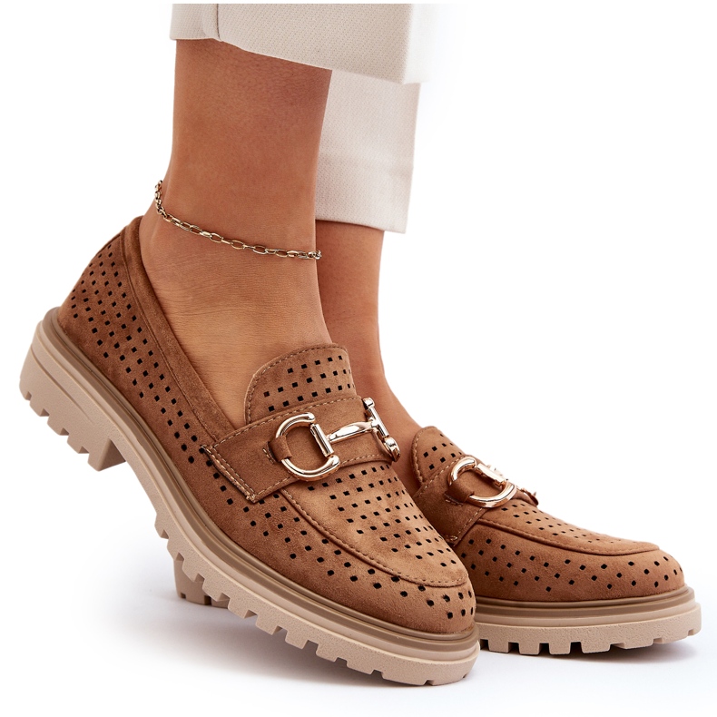 Bellucci Mocassins femininos abertos com decoração de camelo castanho 4