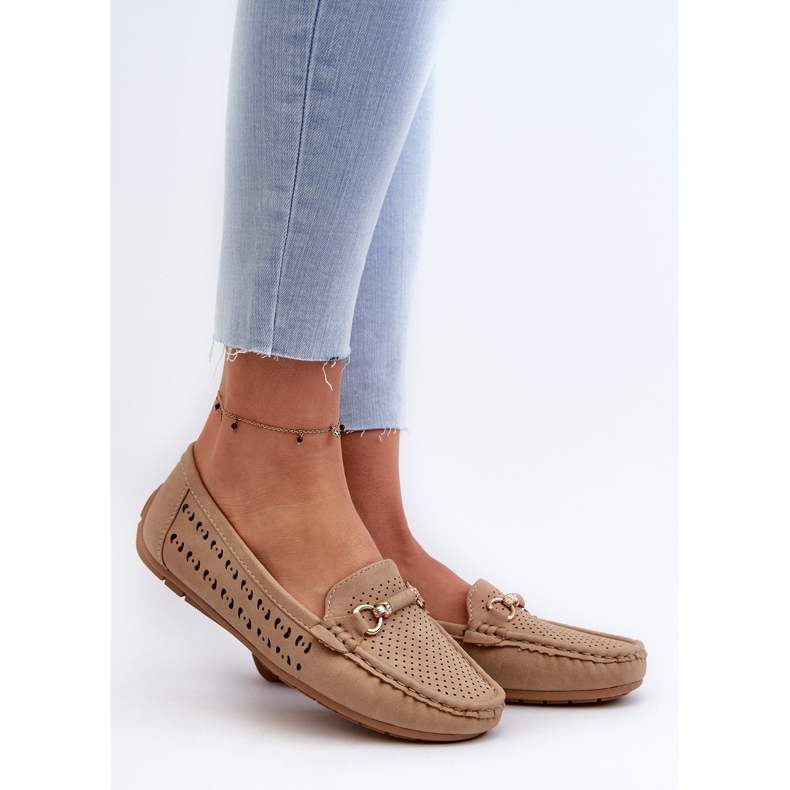 Mocassins femininos abertos com decoração, marrom Kaydance bege 2