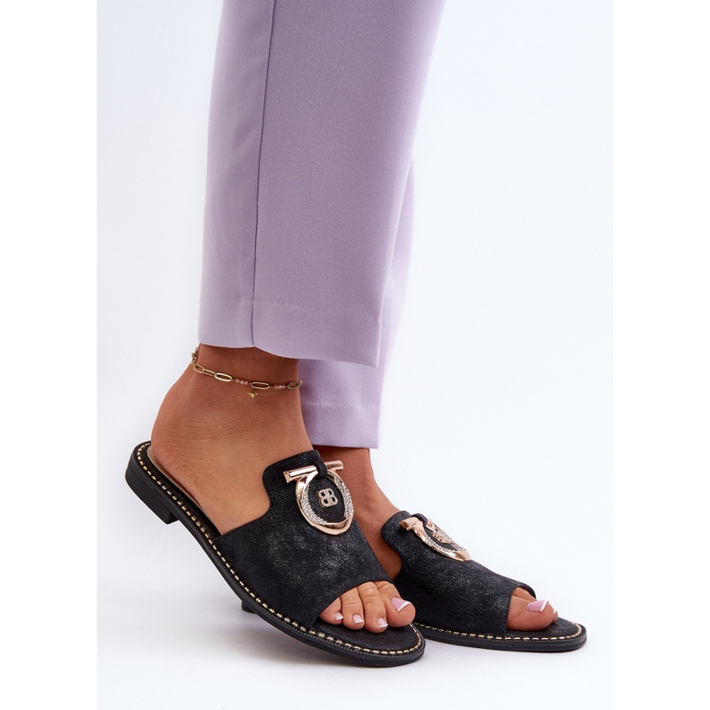 Chinelos femininos elegantes e brilhantes com decoração S.Barski KV27-032 preto 2