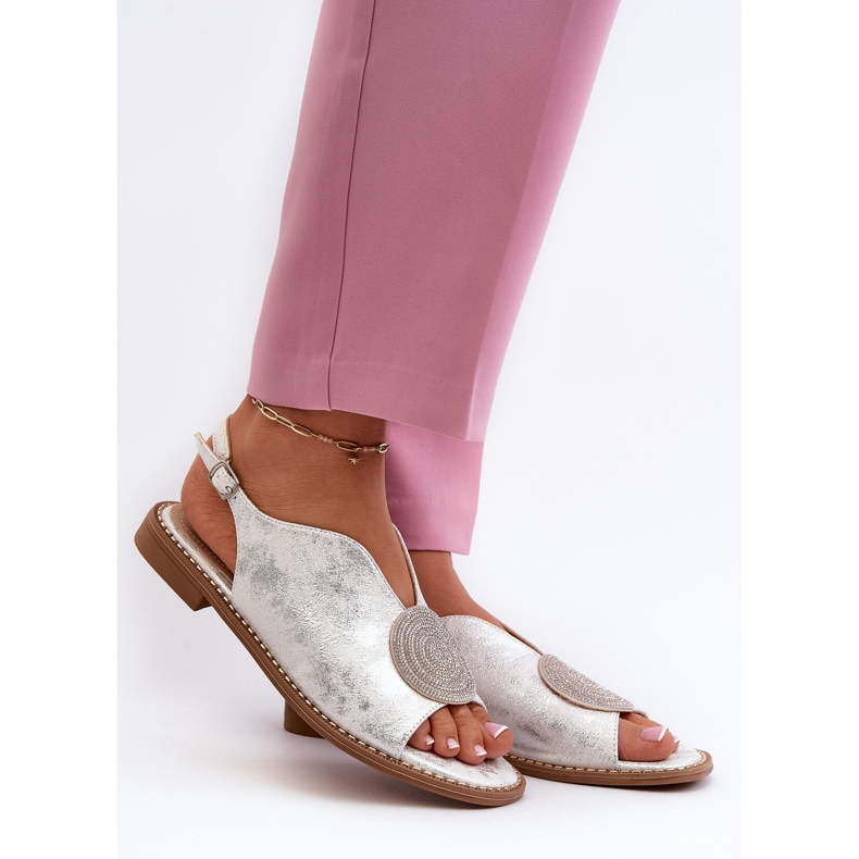 Sandálias femininas com decoração de salto baixo S.Barski KV24-057 prata 2