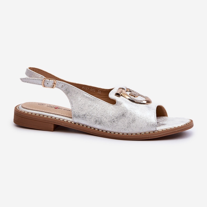 Sandálias femininas elegantes com decoração dourada em salto baixo, prata S.Barski KV27-053 1