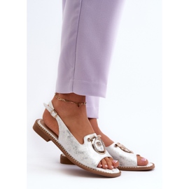 Sandálias femininas elegantes com decoração dourada em salto baixo, prata S.Barski KV27-053 2