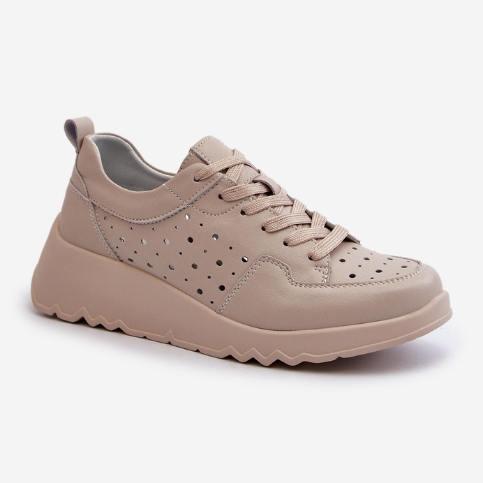 Tênis de cunha feminino Openwork, couro natural, bege S.Barski LR482 1