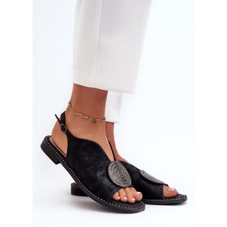 Sandálias femininas com decoração de salto baixo S.Barski KV24-057 pretas preto 2