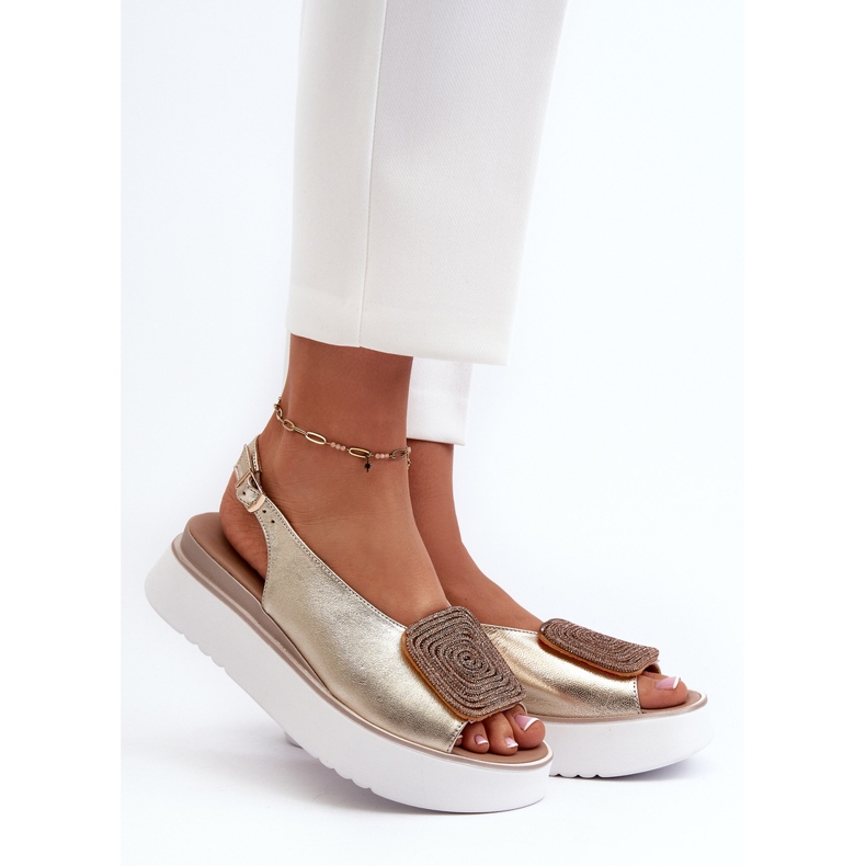 Zazoo 1786 Sandálias femininas de couro em plataforma com decoração dourada dourado 2