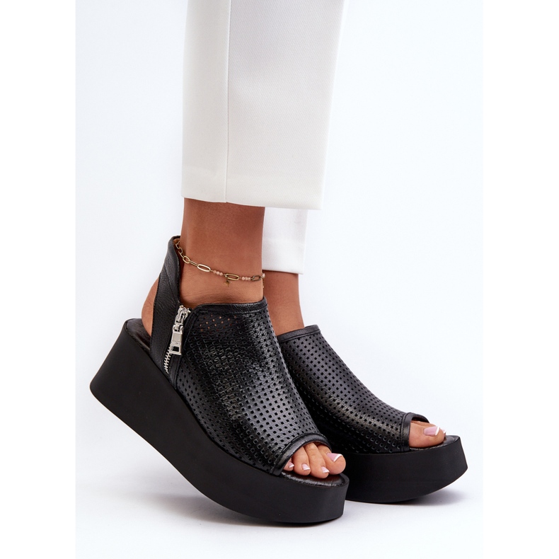 Sandálias de cunha perfuradas de couro Zazoo 1792, pretas preto 2