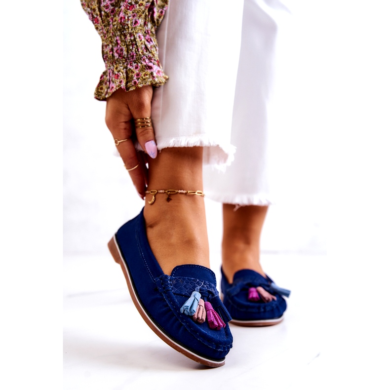Evento Mocassins femininos de camurça com franjas, azul marinho 2