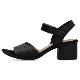 Sandálias femininas confortáveis ​​de couro de salto alto com velcro, pretas Rieker 64693-00 preto 1