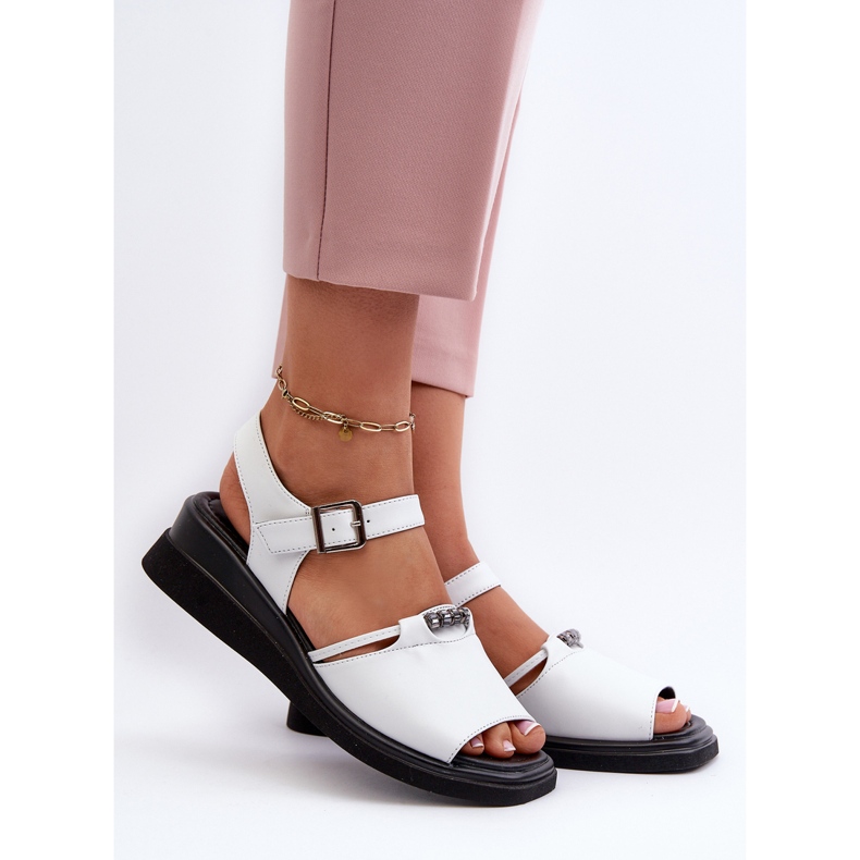 Sandálias femininas de cunha de couro Vinceza 66624 brancas branco 2