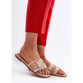 Chinelos femininos brilhantes com decoração bege na biqueira 2