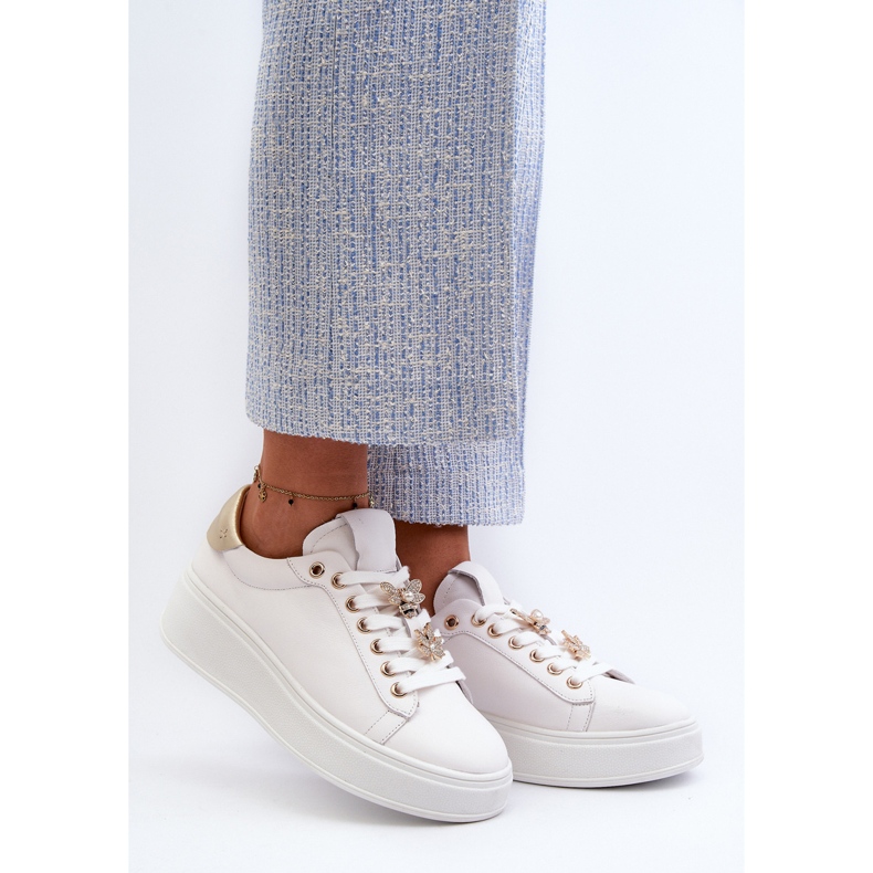 S.Barski Tênis feminino de couro na plataforma com alfinetes D&amp;A SN67 branco 2