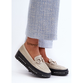 Mocassins femininos de couro brilhante na plataforma com decoração S.Barski LR750 dourado 2