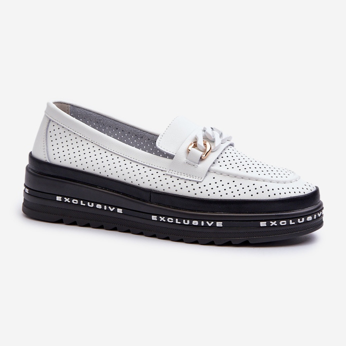 Mocassins femininos de couro em plataforma com corrente S.Barski LR618 Branco 1