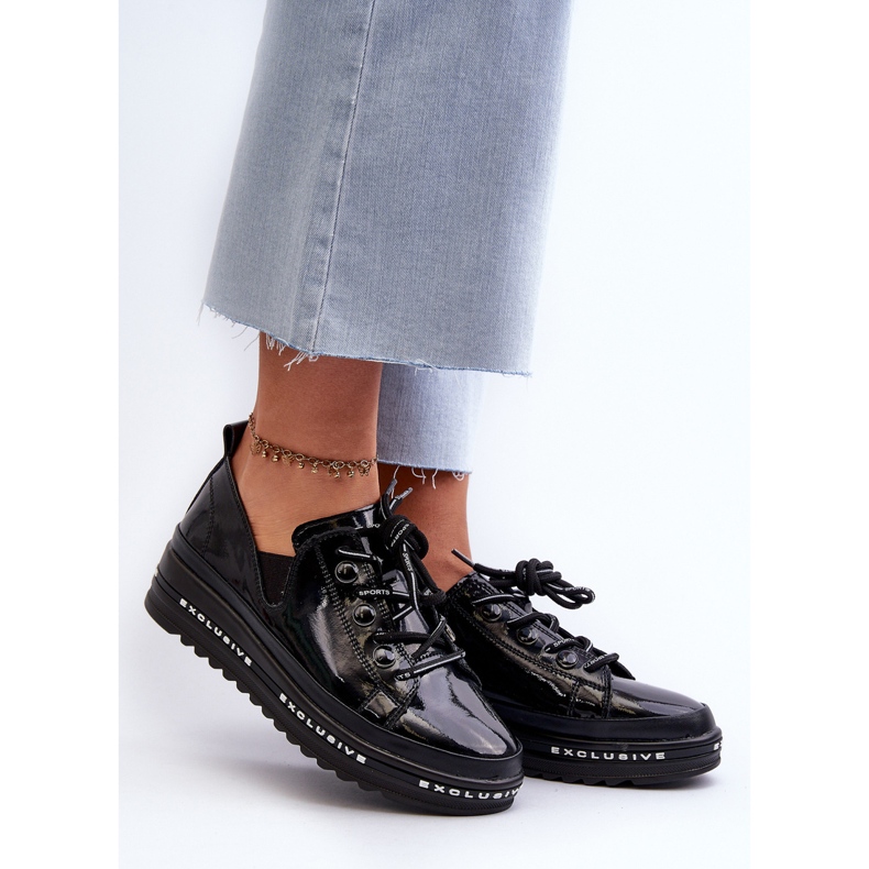 Sapatos femininos com cadarço e plataforma de couro natural S.Barski LR620 preto 2