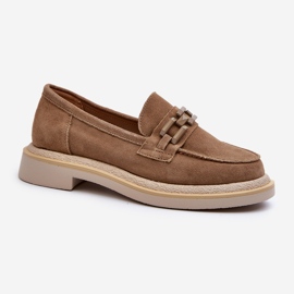 S.Barski Mocassins femininos de camurça com salto plano e decoração D&amp;A TW101 marrom castanho 1